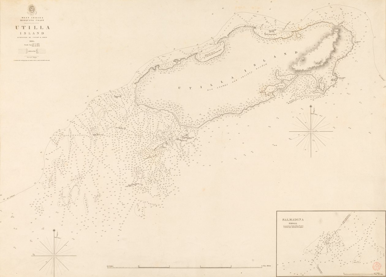 Westindische Moskitoküste Utilla Island, vermessen von Kommandant R. Owen 1835 von J. & C. Walker