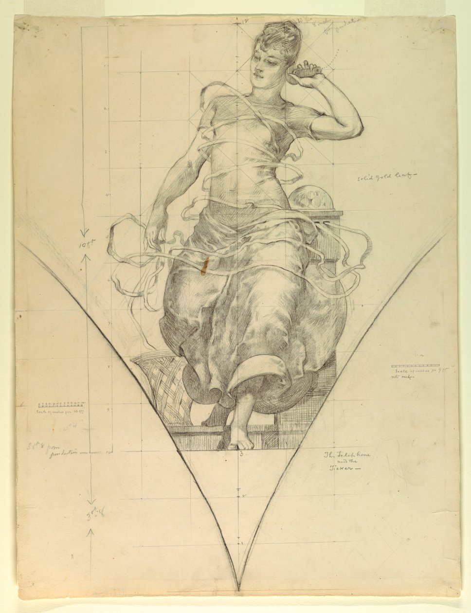 Das Telefon und der Ticker, Studie für "Elektrizität in der Anwendung auf den Handel," Gebäude für Manufakturen und freie Künste, Weltausstellung in Chicago, IL von J. Carroll Beckwith