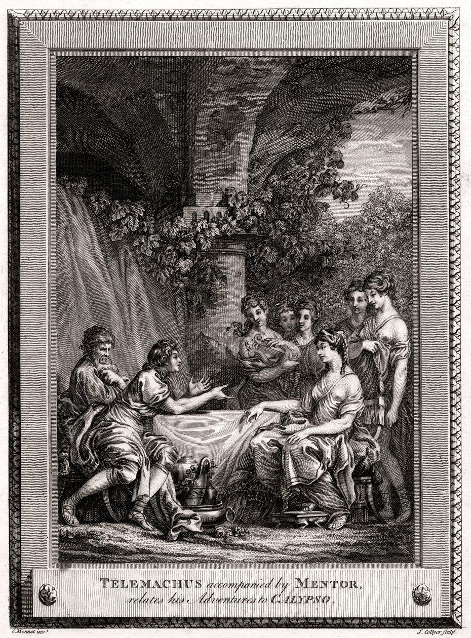Telemachus, begleitet von Mentor, erzählt seine Abenteuer Calypso, 1774 von J. Collyer