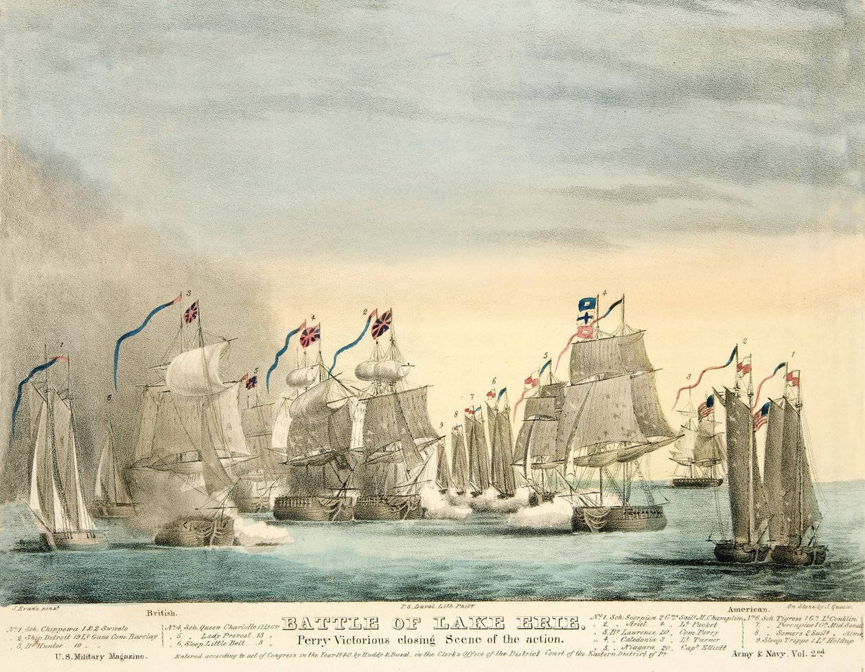 Schlacht am Eriesee. Perry siegreich, Schlussszene der Aktion aus Army and Navy Magazine, veröffentlicht 1840 von J. Evans