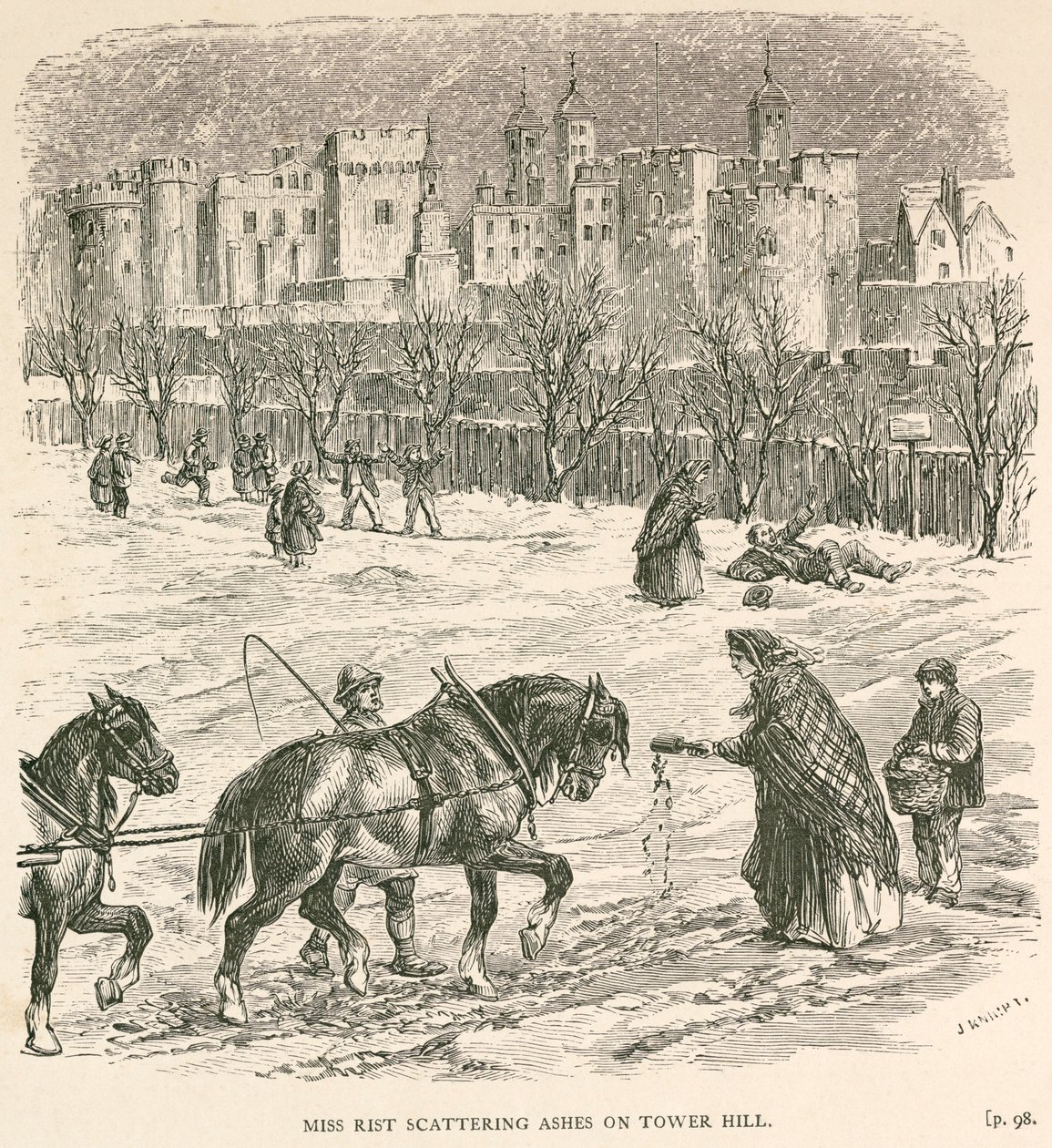 Miss Rist verstreut Asche auf Tower Hill, London, ca. 1840