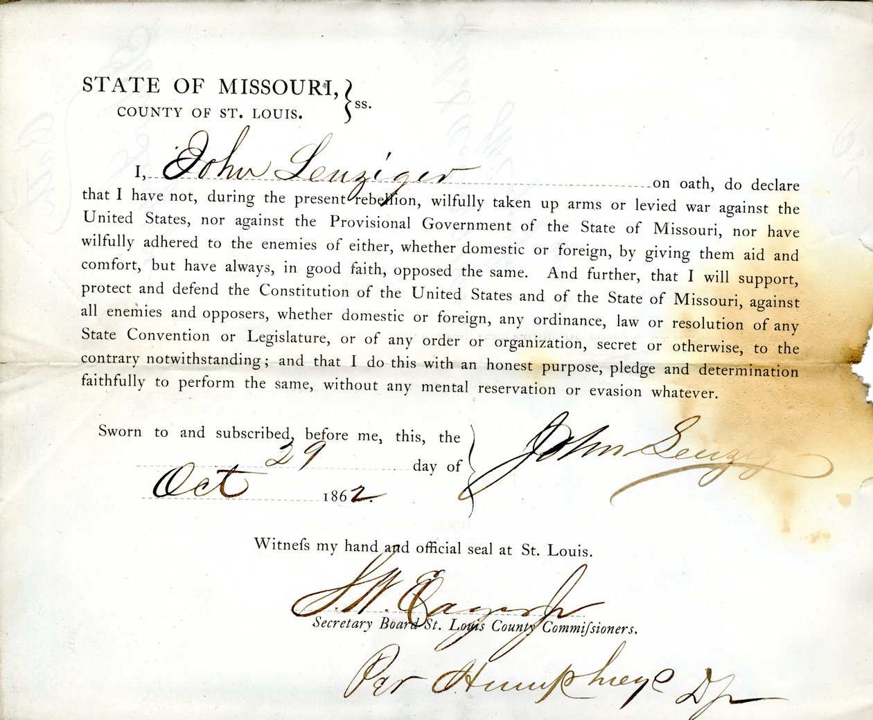 Treueeid von John Leuziger aus Missouri, County of St. Louis von J. Leuziger