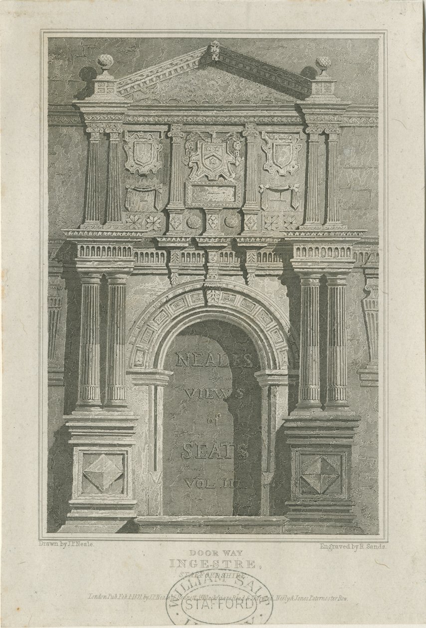Ingestre Hall - Tür: Gravur, undatiert [ca. 1821] von John Preston Neale