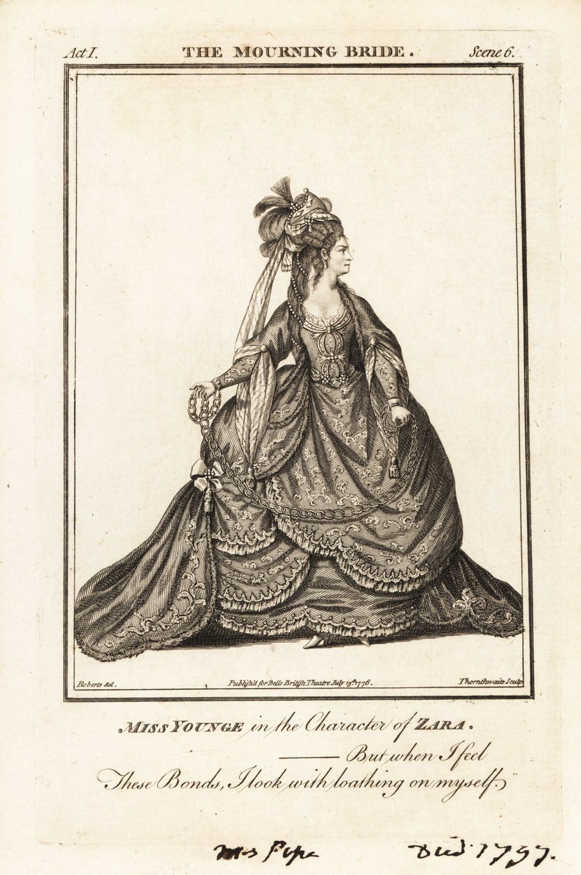 Miss Elizabeth Younge in der Rolle der Zara in William Congreves The Mourning Bride von J. Thornthwaite