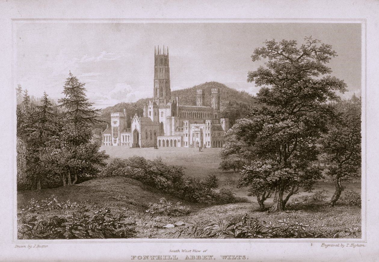 Südwestansicht von Fonthill Abbey, graviert von T. Higham, 1823 von J. after Rutter