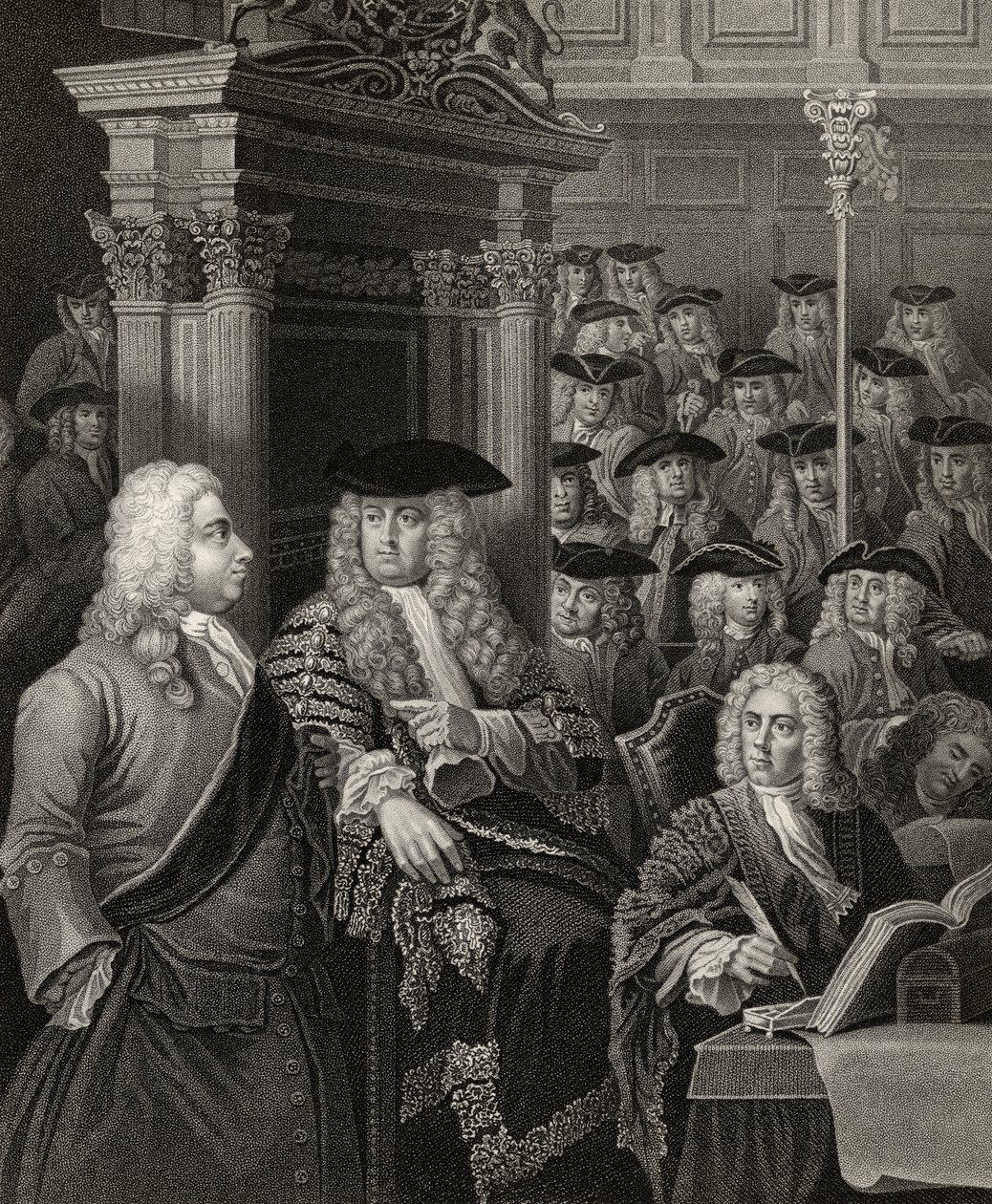 Das House of Commons in der Verwaltung von Sir Robert Walpole, graviert von R. Page, aus 