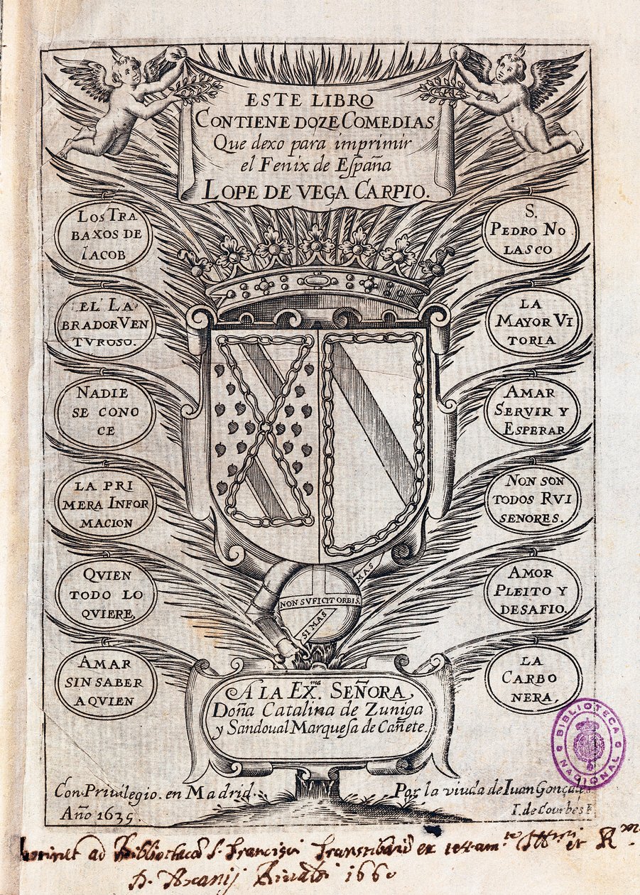 Halbtitelblatt der Sammlung von zwölf Komödien von Felix Lope de Vega Carpio (1562-1635) von J. de (after) Courbes