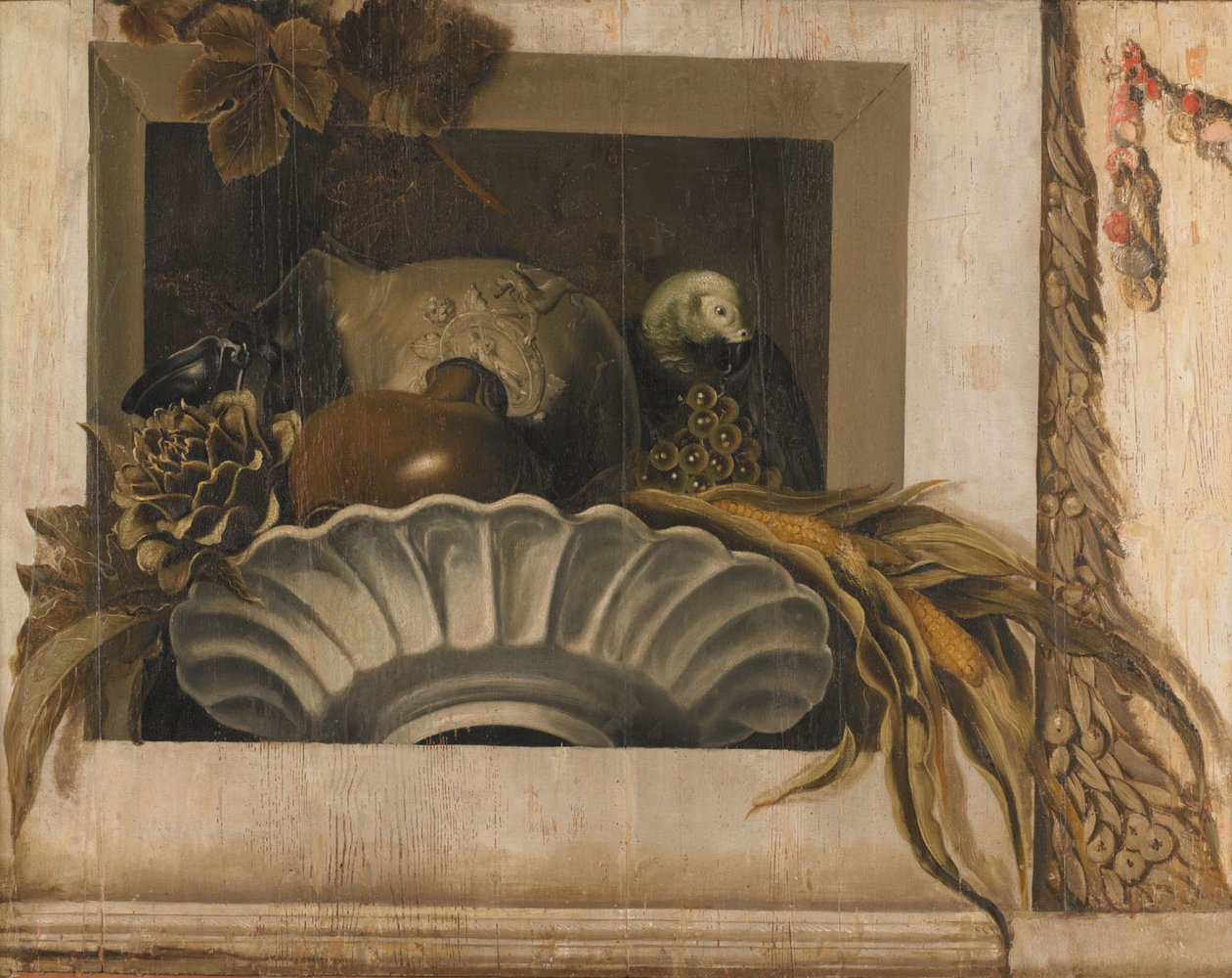 Stillleben mit Gemüse und Papagei in einer Nische von Jacob van Campen