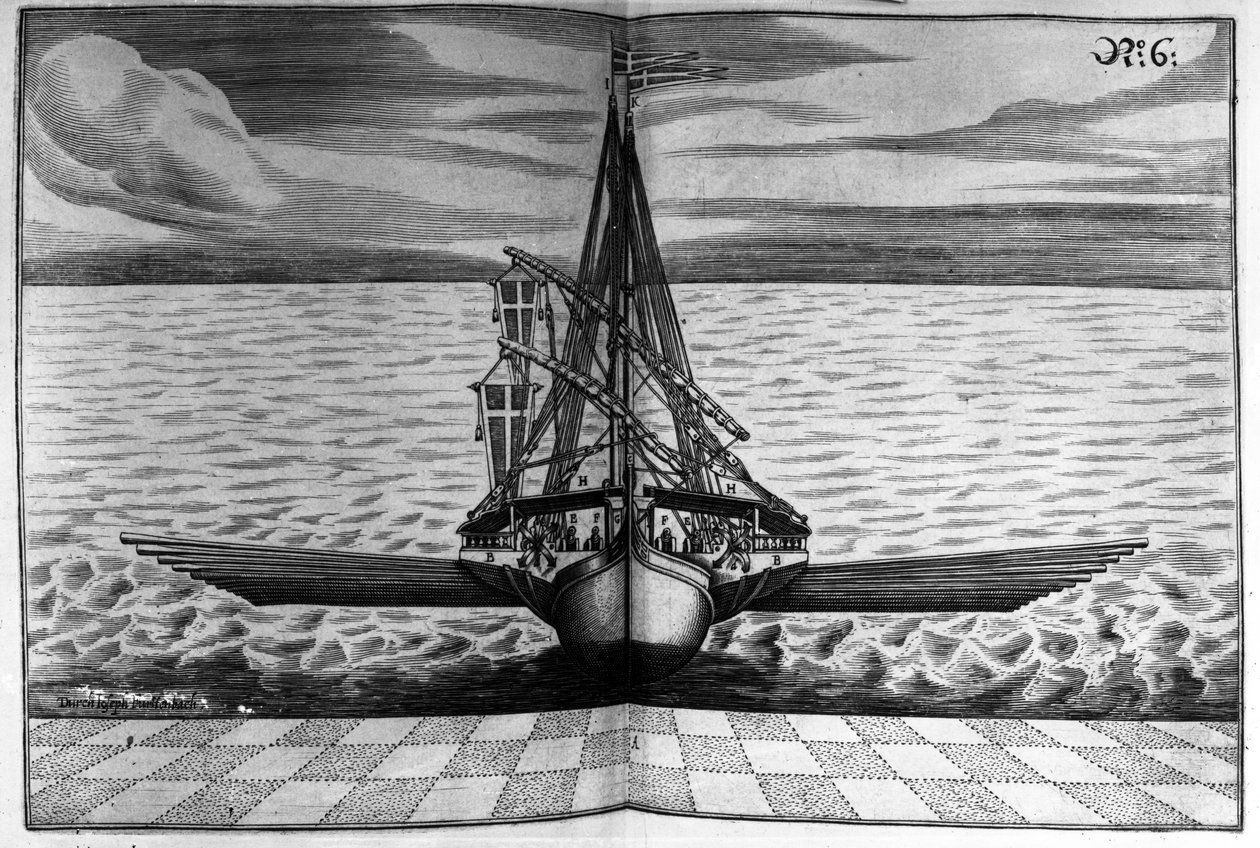 Vorderansicht eines Kriegsschiffs mit zwei Masten, Illustration aus 
