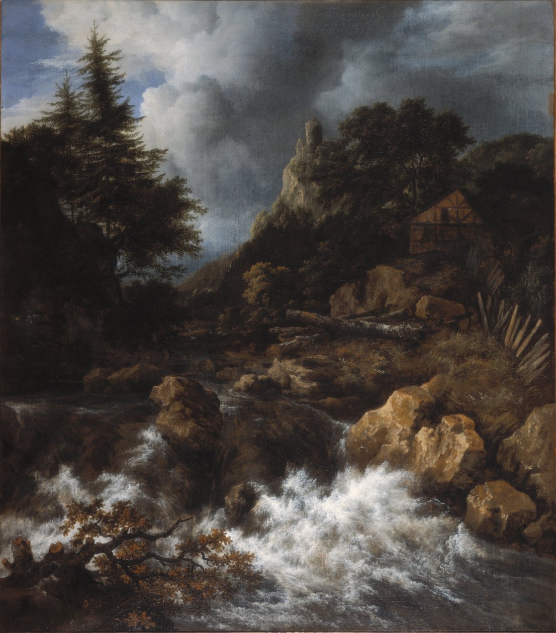 Wasserfall mit Fachwerkhaus und Burg von Jacob van Ruisdael