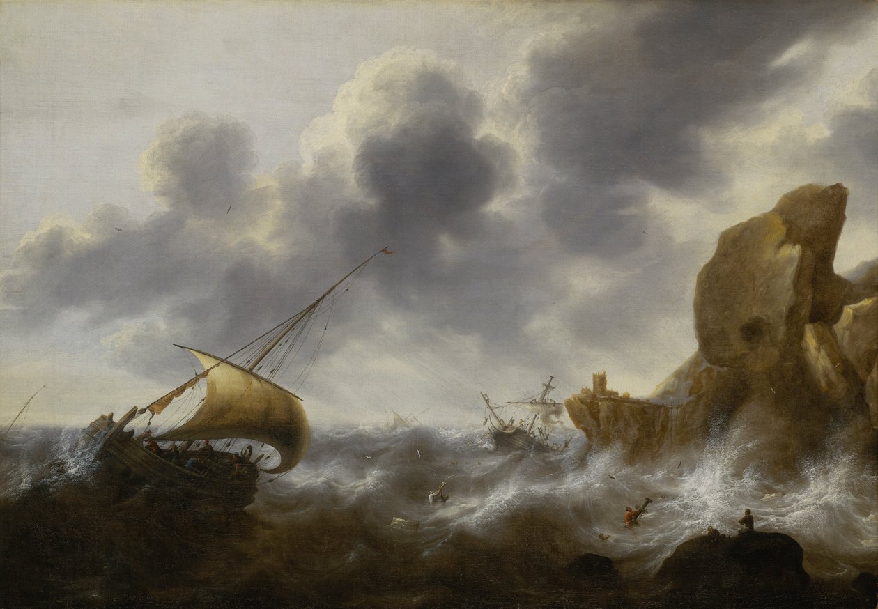 Ein Fischerboot vor einer felsigen Küste in einem Sturm mit einem Wrack, ca. 1664-65 von Jacob Adriaensz. Bellevois