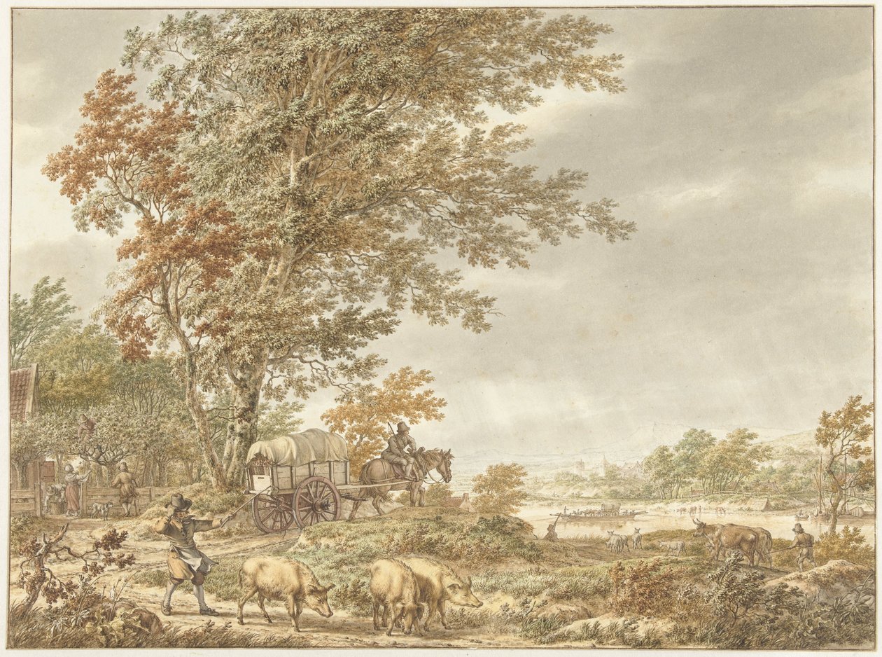 Hügellandschaft mit Schweinehirte und anderen Figuren, ein Fluss in der Ferne von Jacob  Cats