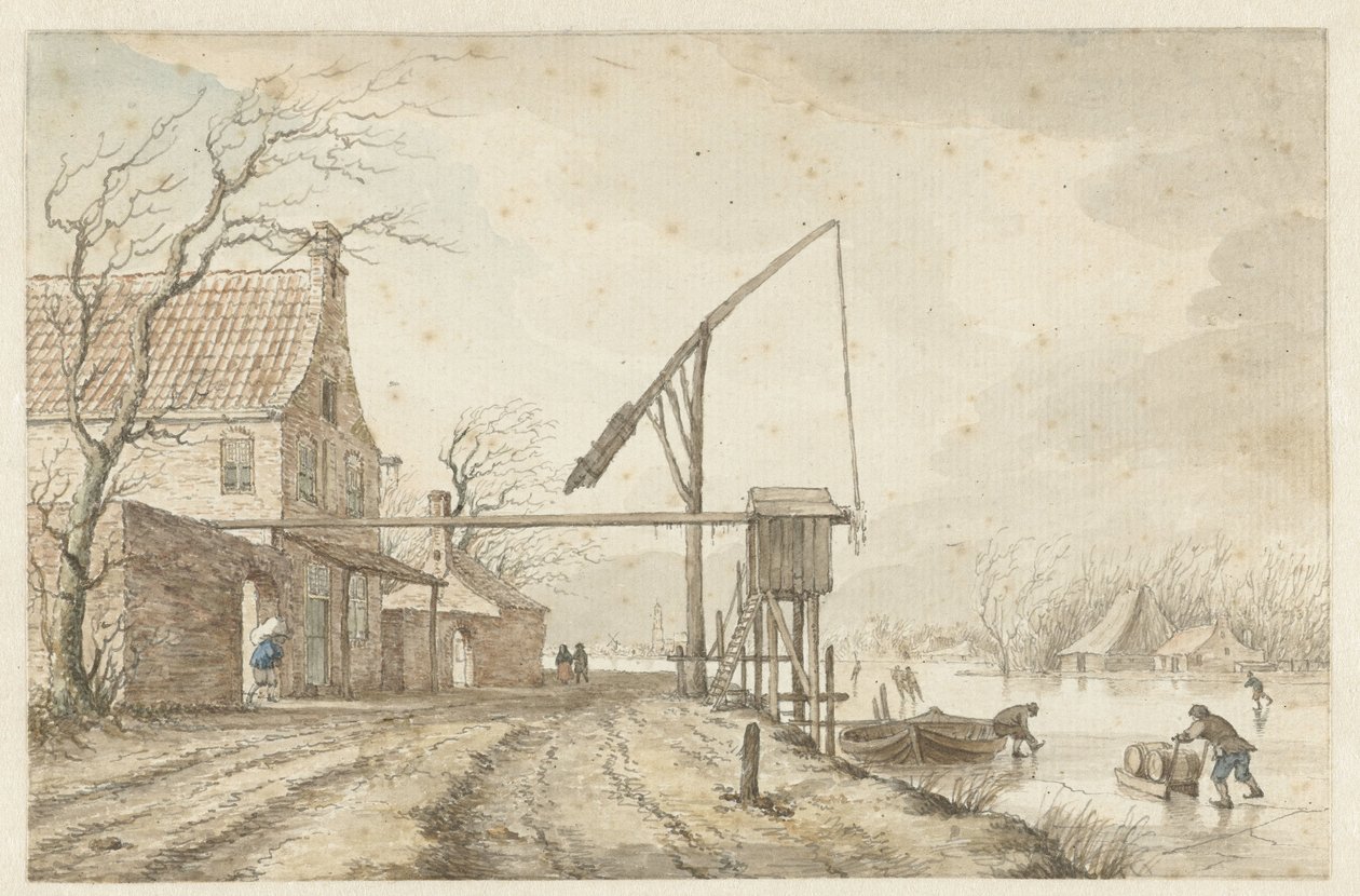 Winterlandschaft mit Häusern und Hebel entlang gefrorenem Kanal von Jacob  Cats
