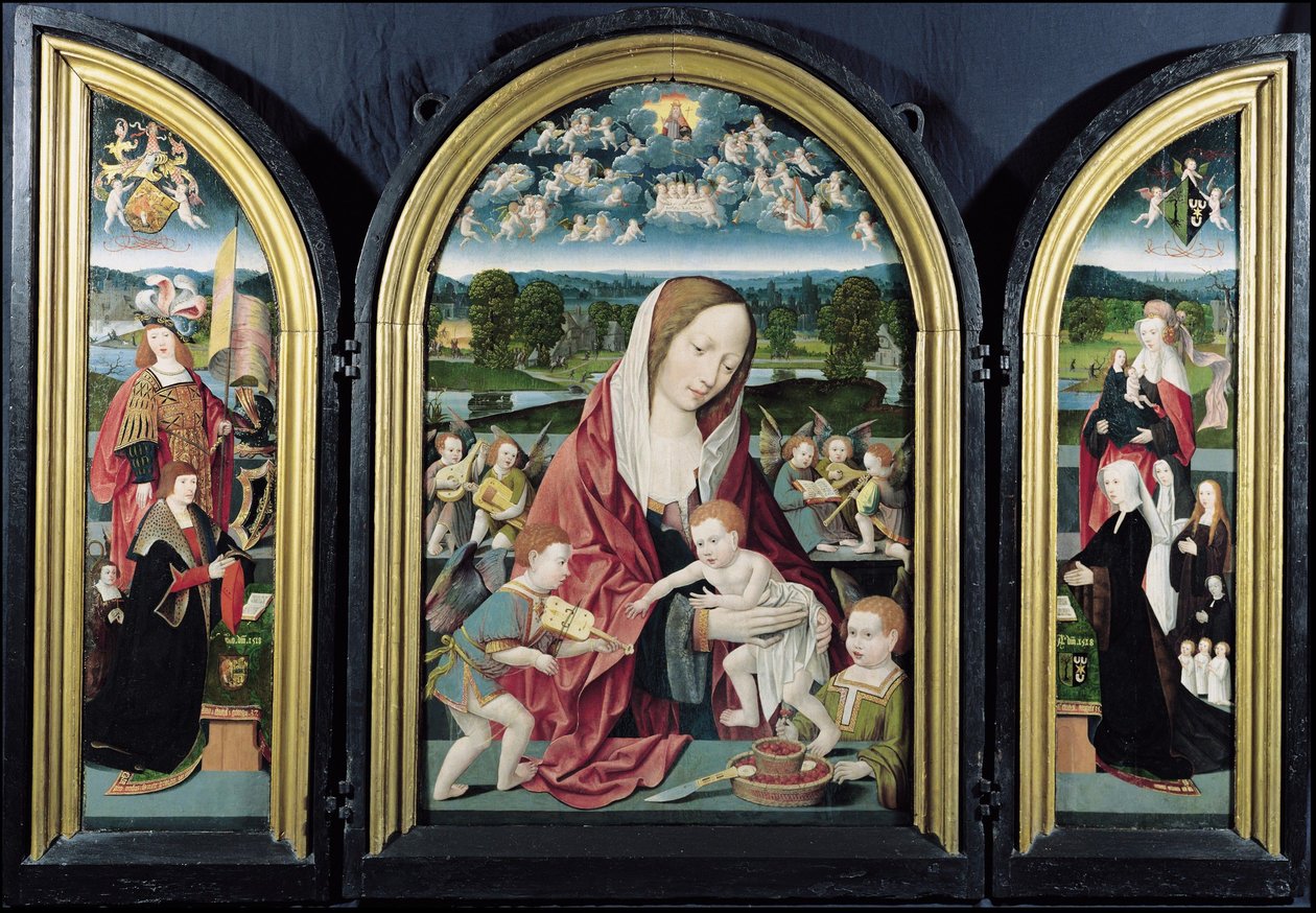 Jungfrau und Kind mit musizierenden Engeln und der Familie Sampsons-Coolen, Triptychon, 1500-1525 von Jacob Cornelisz van Oostsanen