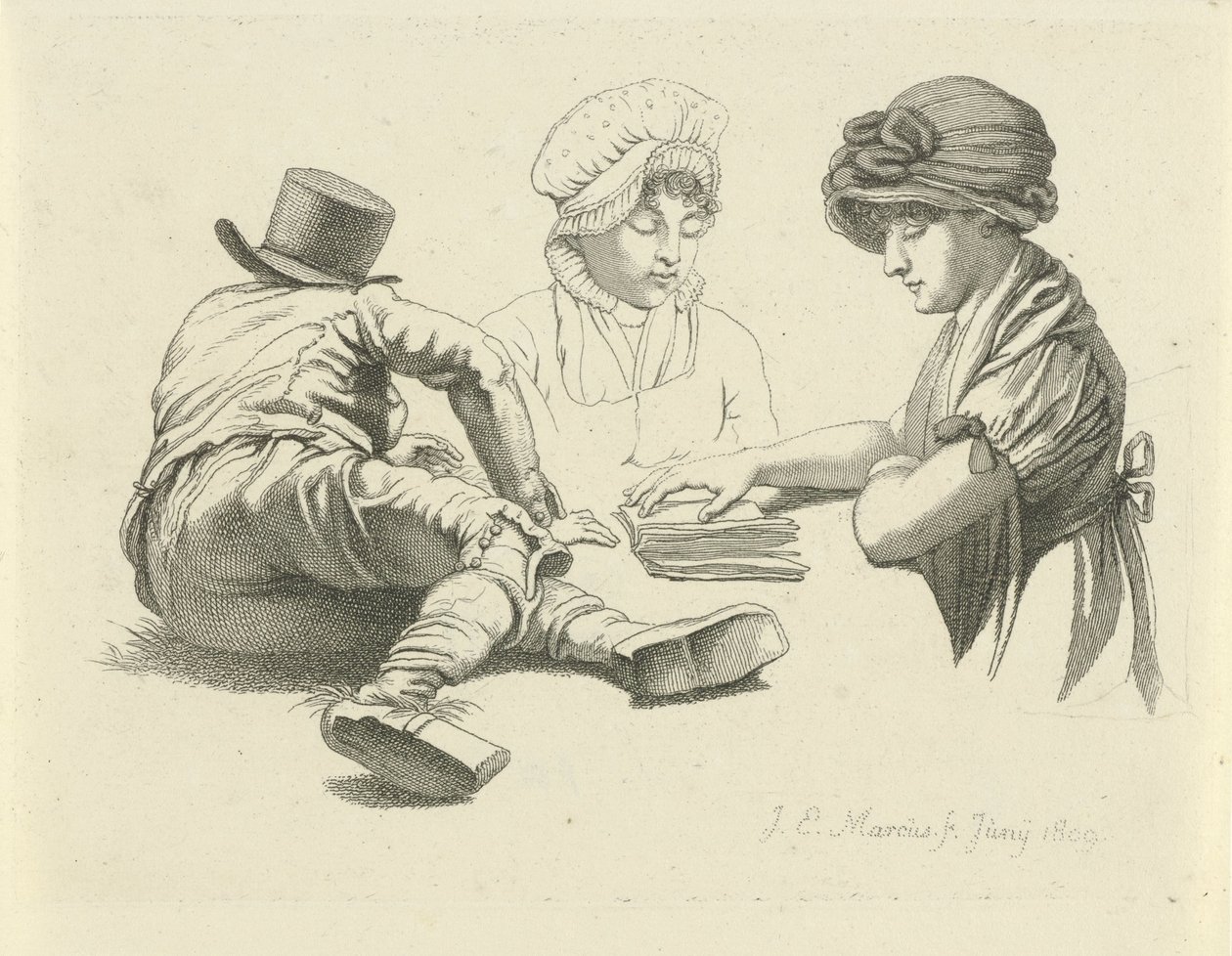 Studienblatt mit einem liegenden Mann und zwei Damen von Jacob Ernst Marcus