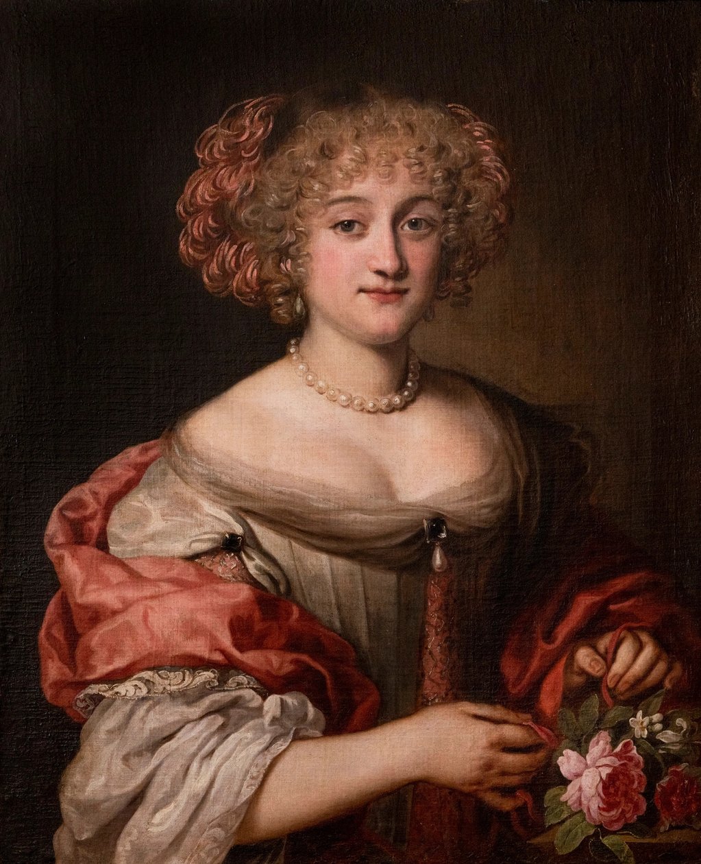 Porträt einer Dame der Familie Colonna, Halbfigur, in einem taubengrauen Kleid und rosa Seidenumhang von Jacob Ferdinand Voet