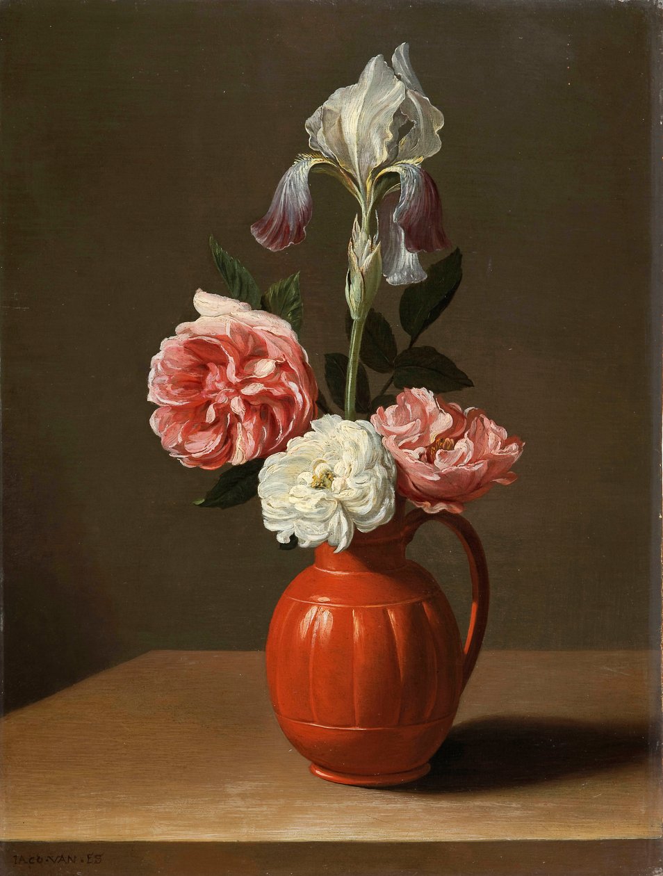 Ein Iris und drei Rosen in einem irdenen Topf, von Jacob Foppens van Es von Jacob  Foppens van Es