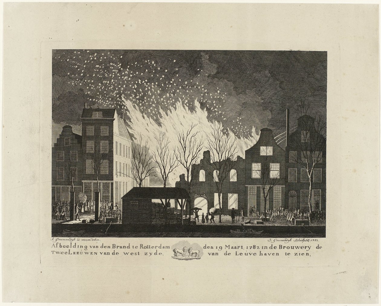 Brand in der Brauerei De Twee Leeuwen in Rotterdam, 1782 von Jacob Groenendijk