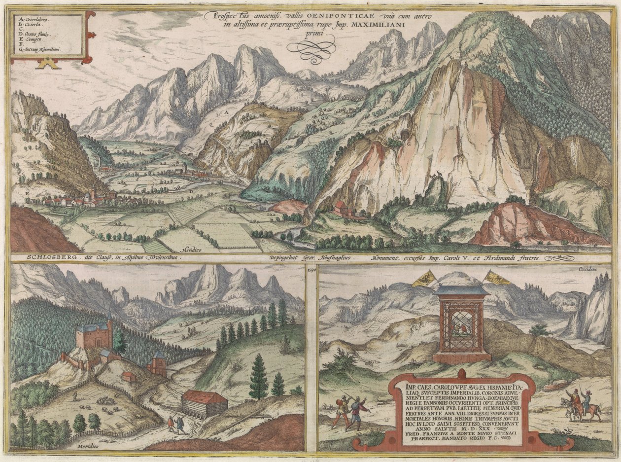 Drei Ansichten im und um das Inntal in Österreich, mit den Alpen im Hintergrund von Jacob Hoefnagel (possibly)