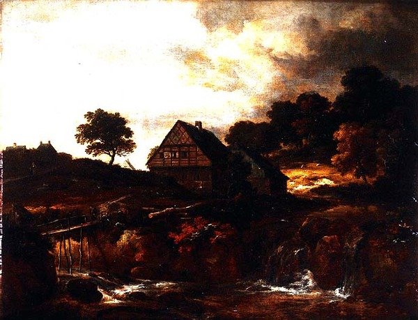 Bewaldete Landschaft mit Bauer auf einer Brücke über einen Wildbach von Jacob I. van (follower of) Ruisdael