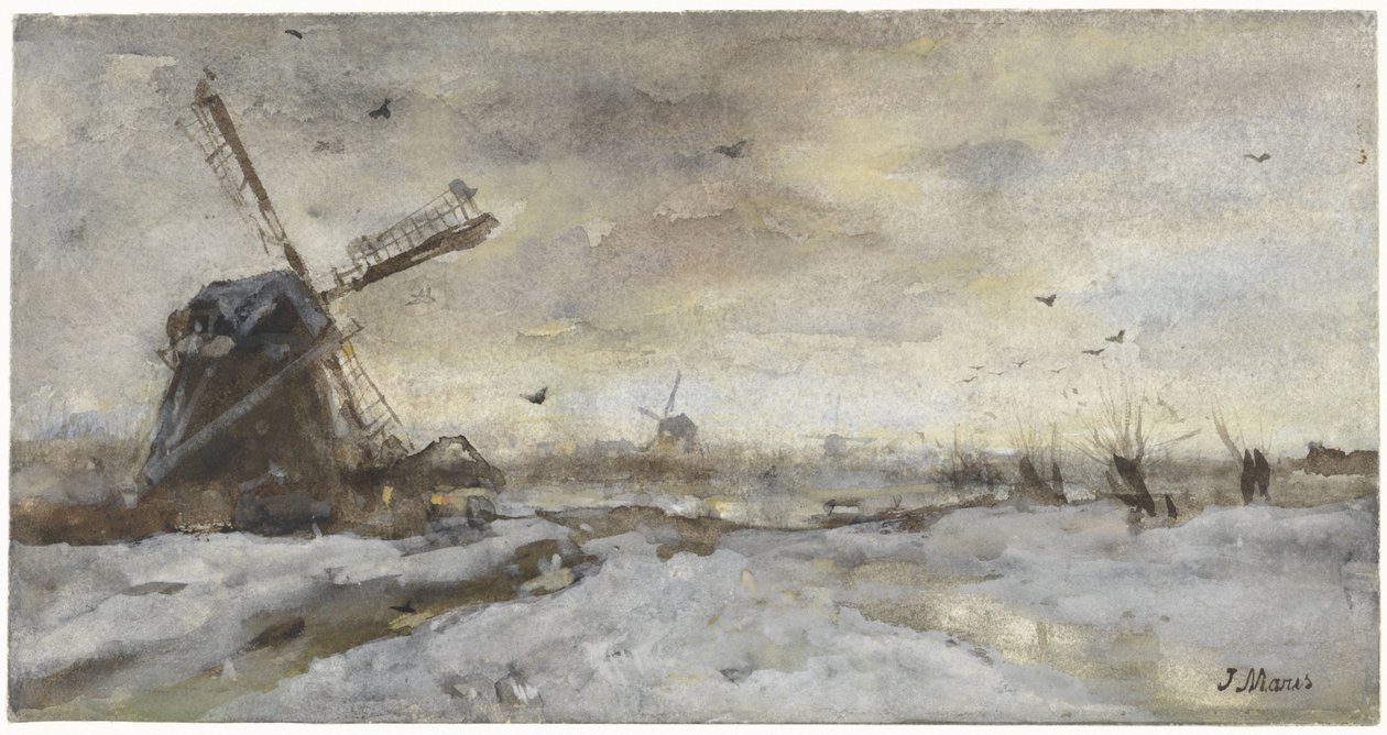Landschaft mit Mühle im Schnee von Jacob Maris