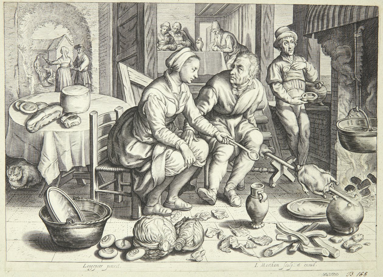 Küchenszene mit einem Mann und einer Frau, die ein Huhn braten von Jacob Matham
