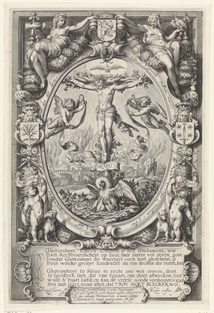 Kreuzigung in allegorischem Rahmen von Jacob Matham