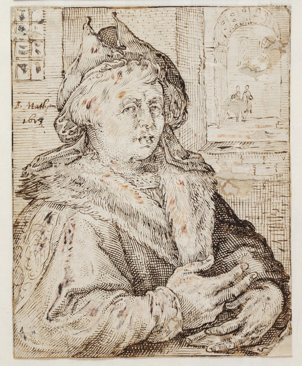 Porträt eines Mannes mit Mütze und pelzbesetztem Umhang, nach rechts gewandt. Rechts oben durch ein Fenster Blick auf andere Räume von Jacob Matham