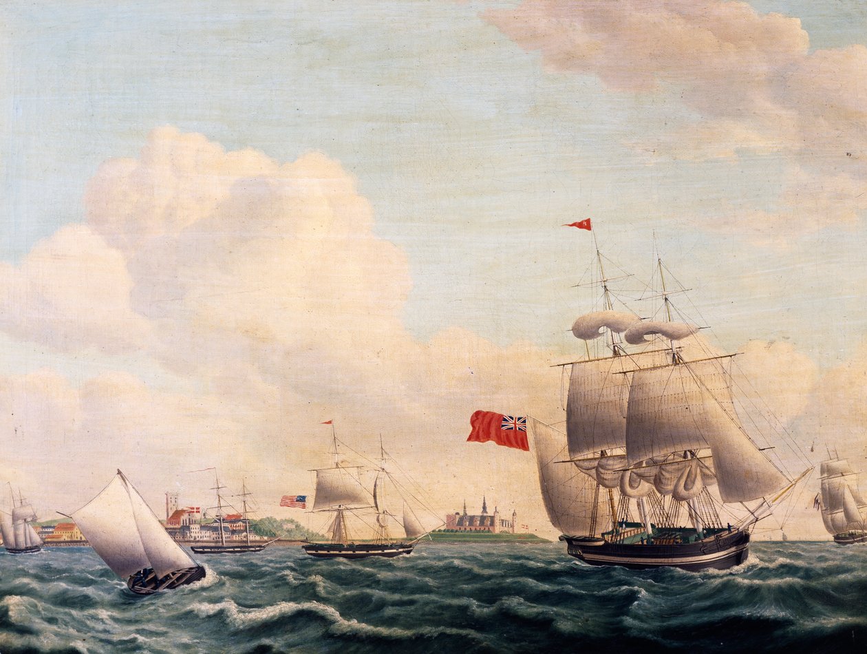 Schiffe segeln durch die Öresundstraße zwischen Schweden und Dänemark mit dem Schloss Kronborg im Hintergrund von Jacob Petersen