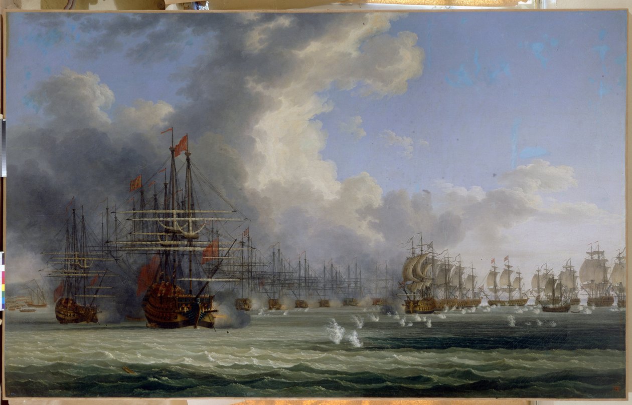 Die Schlacht von Çeşme. Beginn der Kämpfe am 5. Juli 1770 von Jacob Philippe Hackert