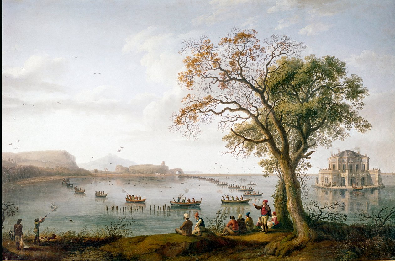 Die Blässhuhnjagd von Ferdinand I. der Beiden Sizilien am See Fusaro bei Neapel, Italien von Jacob Philippe Hackert
