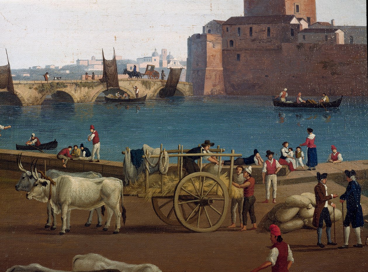 Ansicht des Hafens von Taranto (Tarent) in Italien im 18. Jahrhundert. Hafenarbeiter entladen die Waren, von Ochsen gezogene Karren von Jacob Philippe Hackert