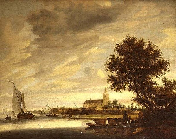 Eine Flusslandschaft mit einer Fähre im Vordergrund von Jacob Salomonsz. (circle of) Ruysdael