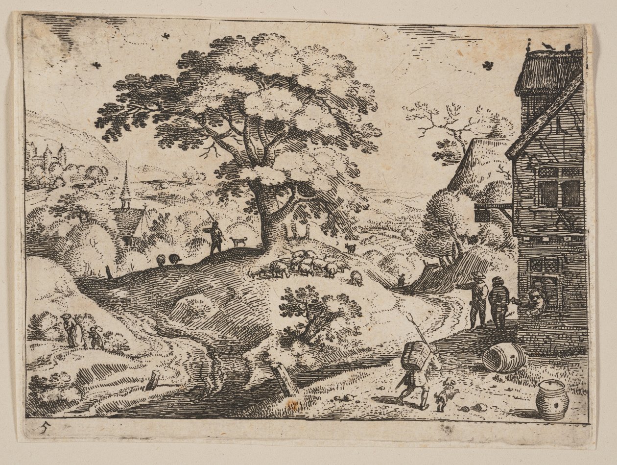 Gasthaus rechts der Straße vor dem Dorf, aus Landschaften von Jacob Savery I