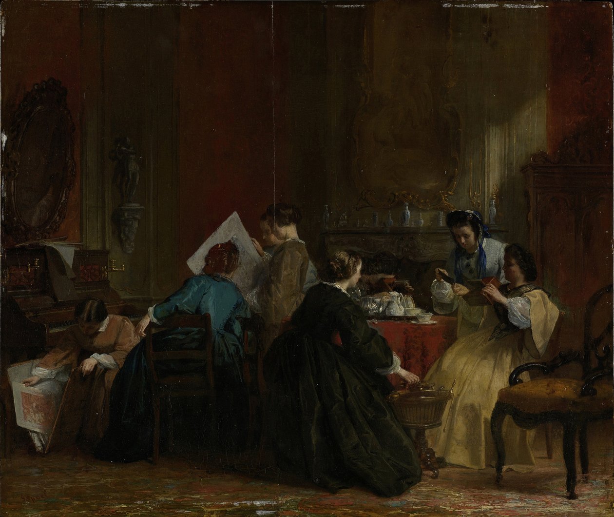 Gesellschaft von Damen, die stereoskopische Fotografien betrachten, vor 1868 von Jacob Spoel