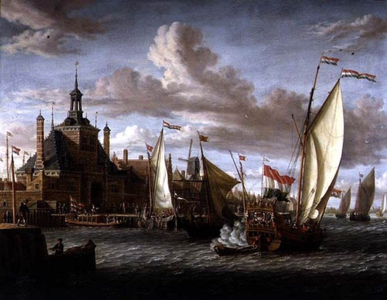 Eine Zeeland-Staatsyacht feuert einen Salut vor dem Dude Hoofdpoort, Rotterdam von Jacob Storck