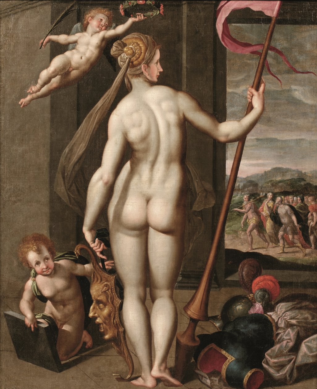 Minerva hält eine Lanze und wird von einem Putto mit Lorbeeren gekrönt von Jacob de (studio of) Backer