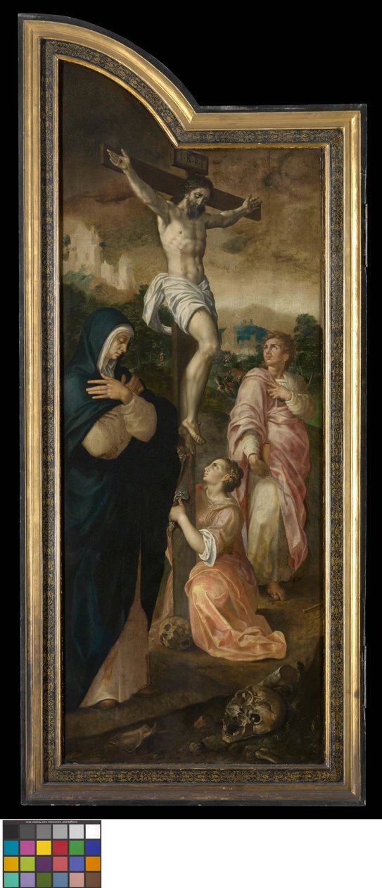 Die Kreuzigung (linker Flügel), Die Prophezeiung der Genesung Hiskias (Mittelteil), Abt Jacob Delrio mit Schutzpatron (rechter Flügel), Die Auferweckung des Lazarus (Grisaille, Rückseite der äußeren Flügel) von Jacob de Backer