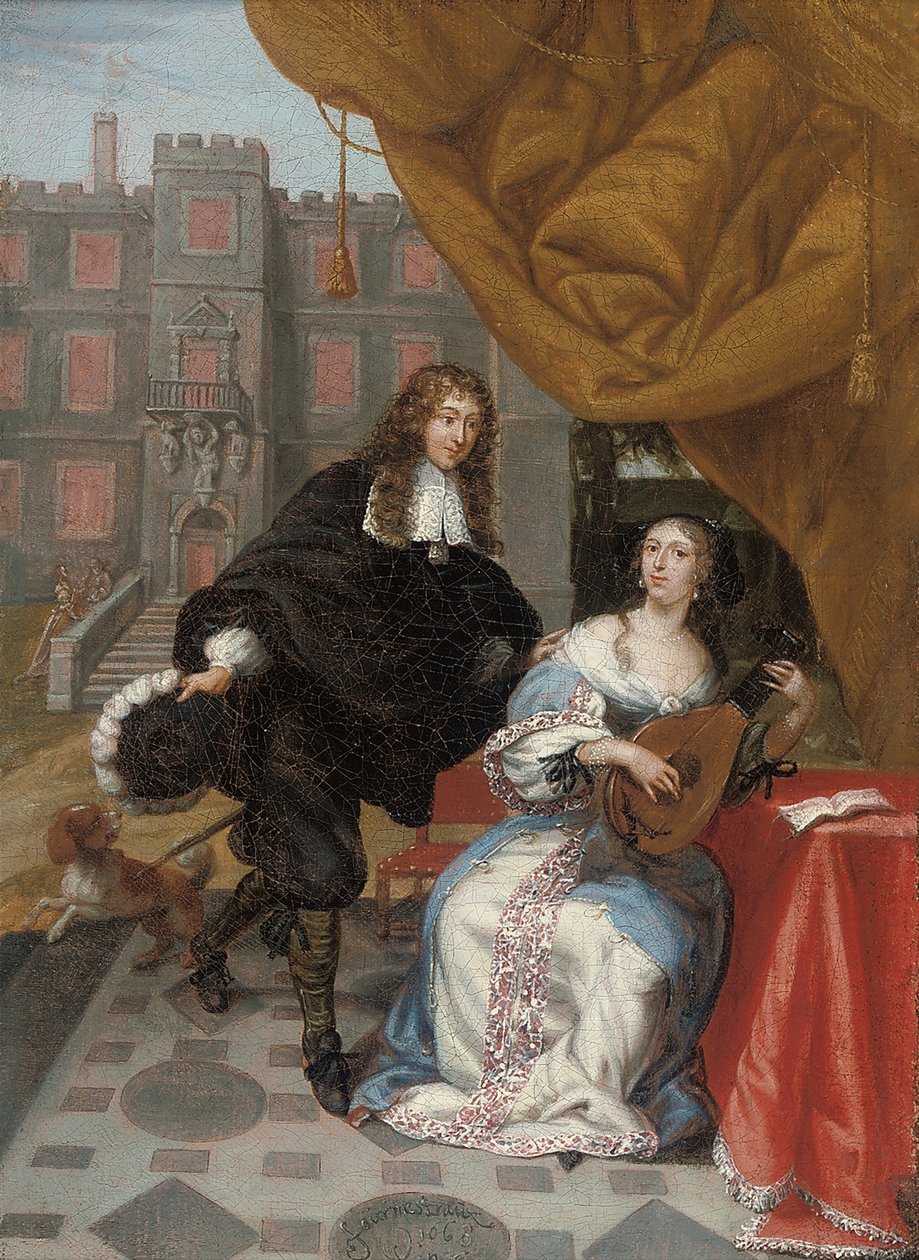 Ein Herr umwirbt eine Dame beim Musizieren in einem Hof, 1668 von Jacob de Fourmentrou