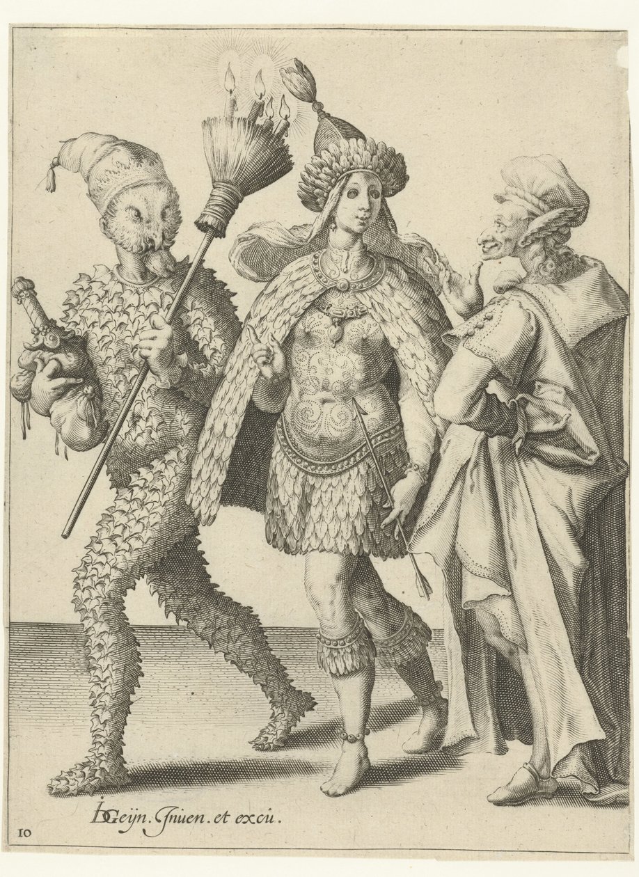 Drei maskierte Figuren, eine davon mit einem Besen, in den Kerzen gesteckt sind von Jacob de Gheyn (II) (workshop of)