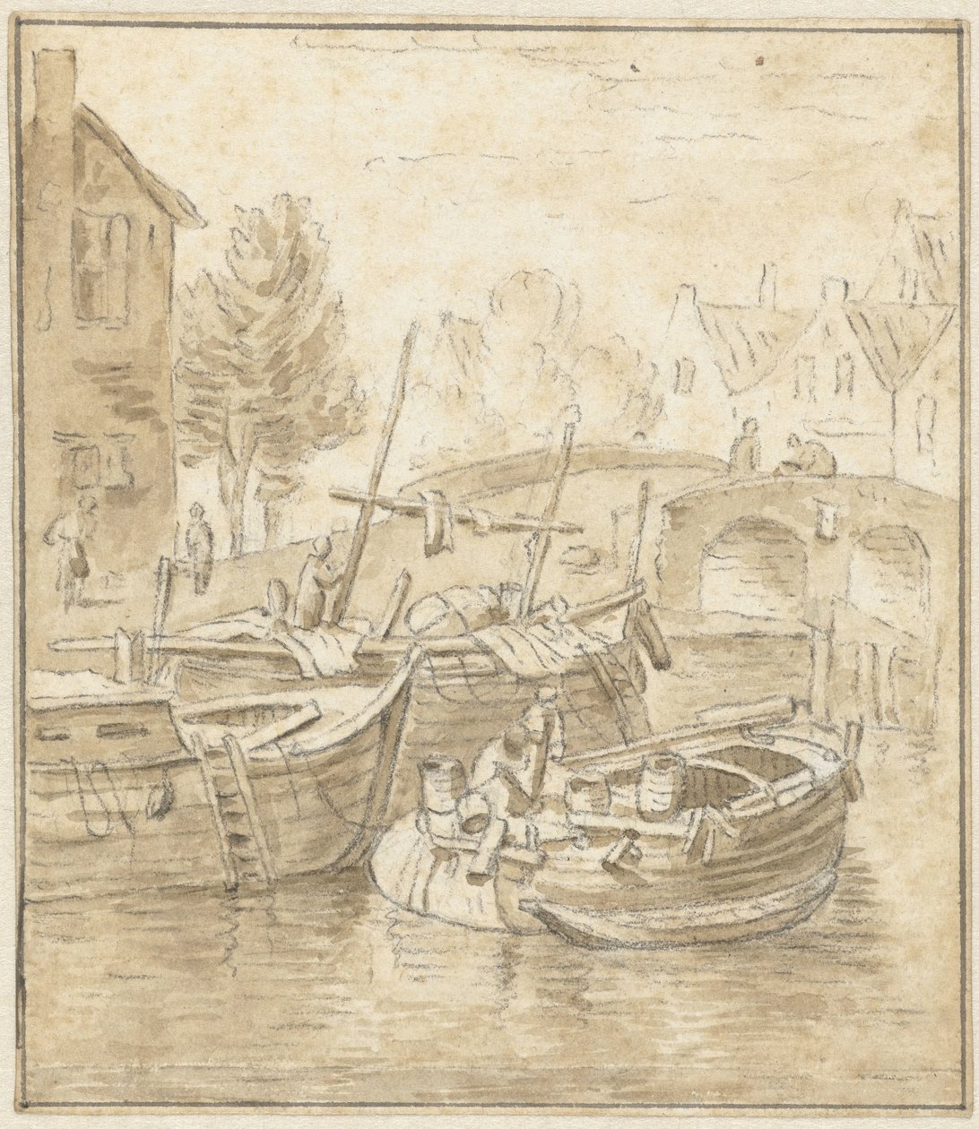 Schiffe bei einer Brücke in einer Stadt von Jacob de Vos