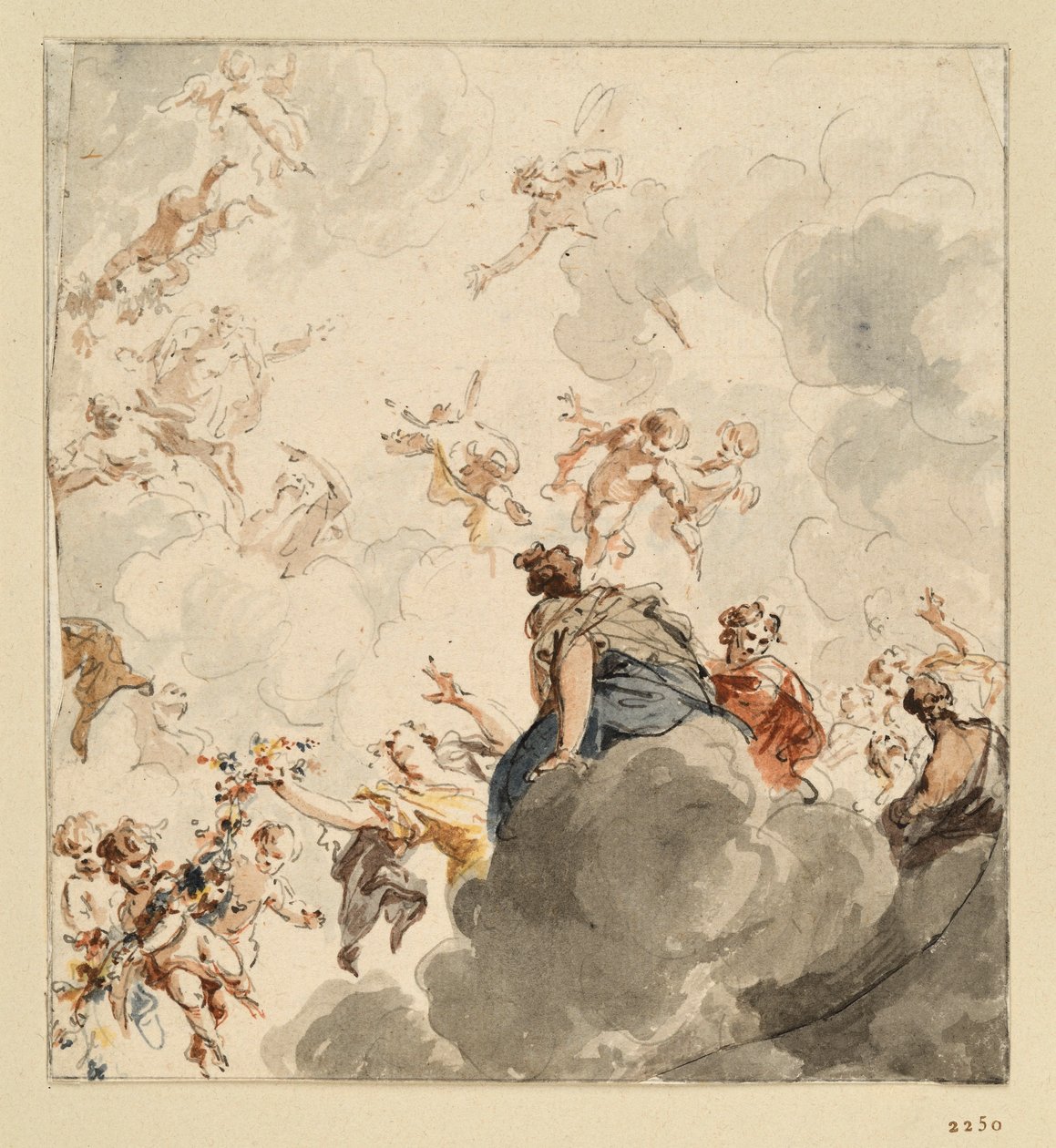 Deckenentwurf mit auf Wolken sitzenden weiblichen Figuren und Amoretten mit Blumen in der Luft von Jacob de Wit
