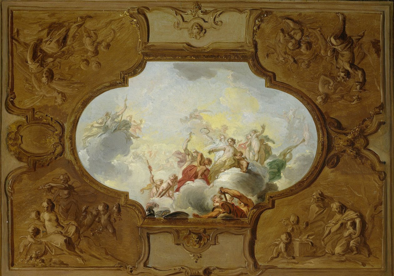 Entwurf für ein Deckenbild mit der Apotheose des Aeneas, in den Ecken die vier Jahreszeiten von Jacob de Wit