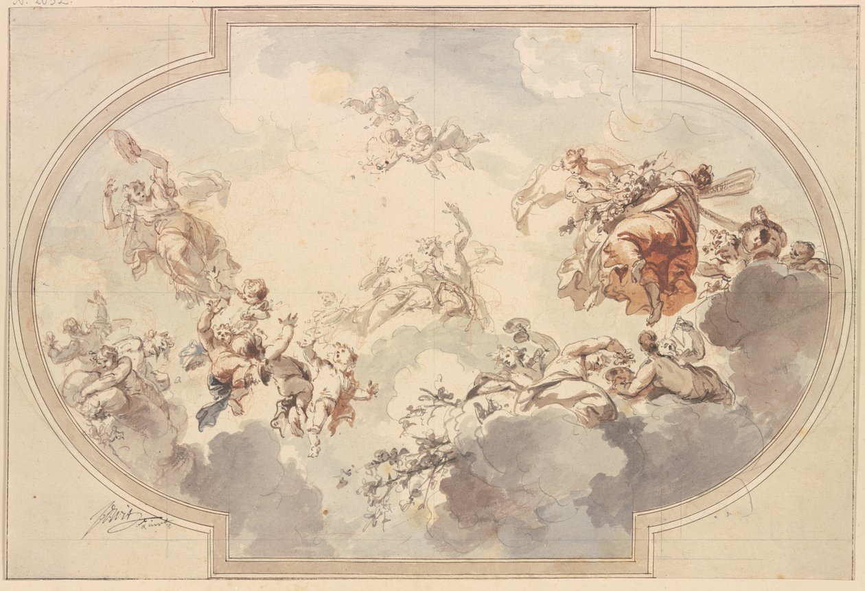 Viele Genien und Bacchanten schweben in Wolken von Jacob de Wit