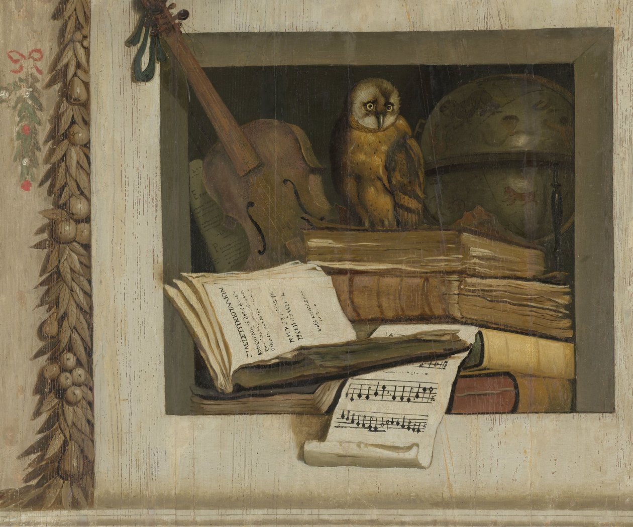 Stillleben mit Büchern, Noten, Geige, Himmelsglobus und einer Eule von Jacob van Campen