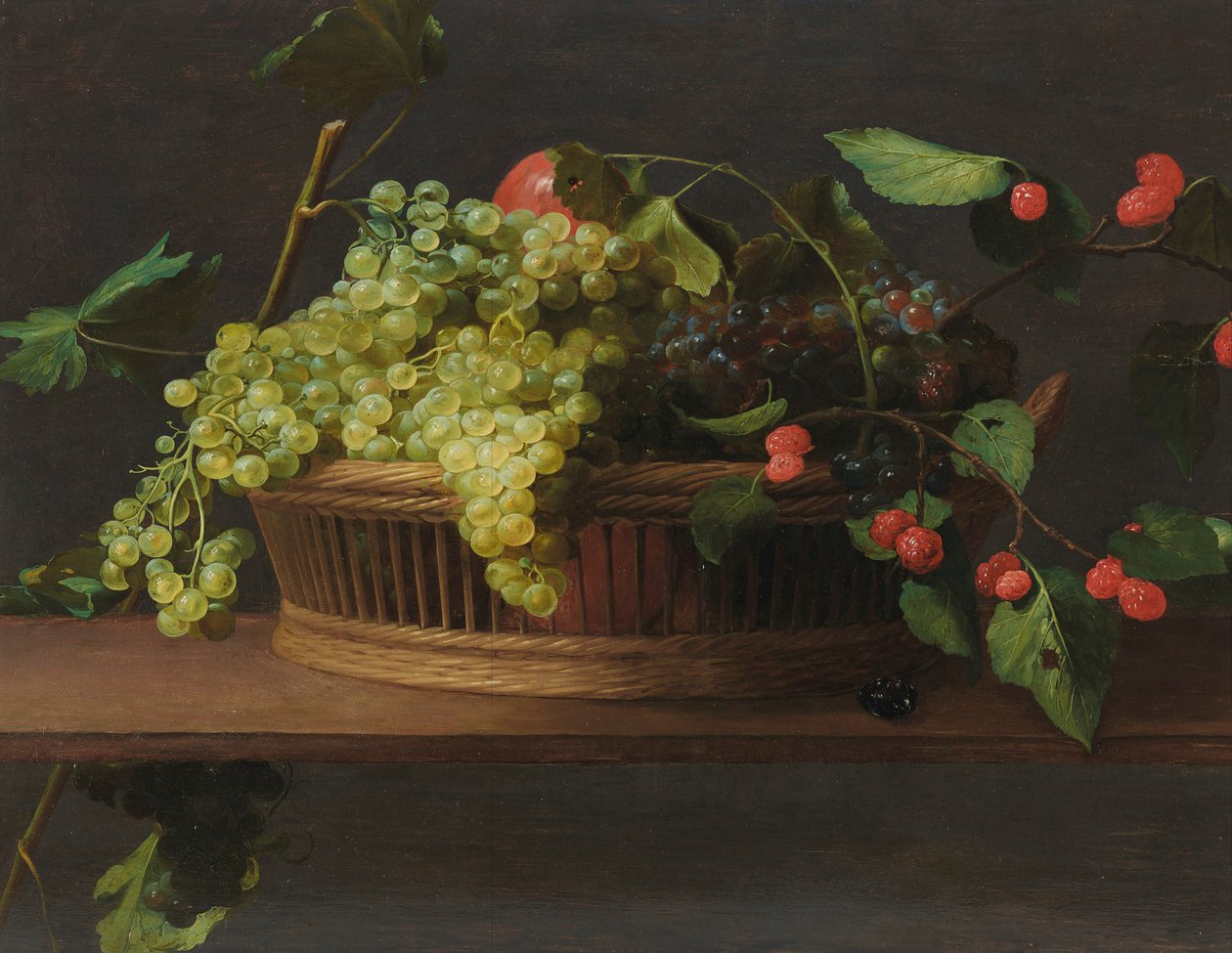 Ein Korb mit Trauben und Himbeeren auf einem Sims von Jacob Van Es