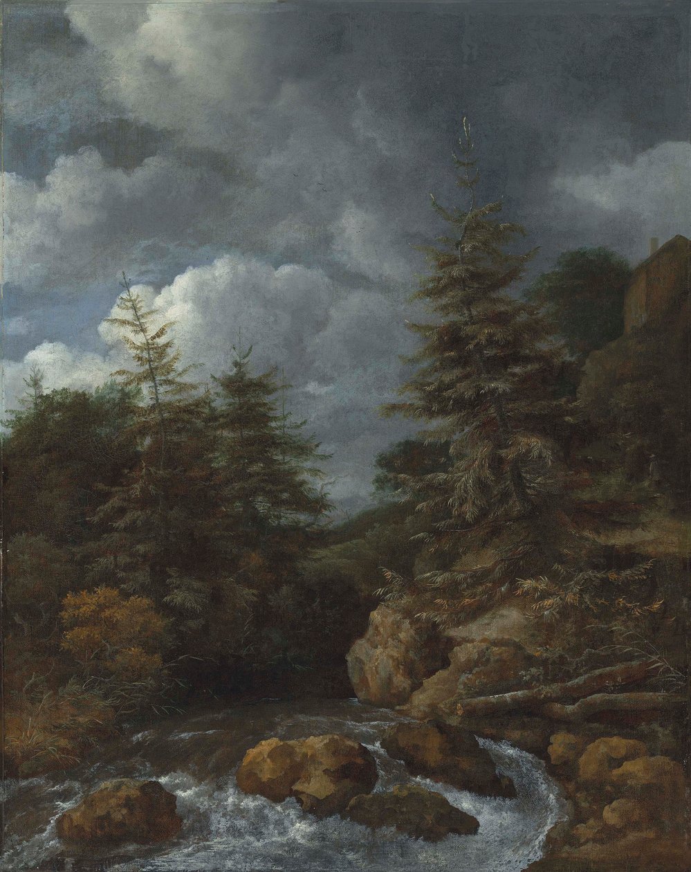 Eine Flusslandschaft mit Tannen bei einem Wasserfall von Jacob van Ruisdael