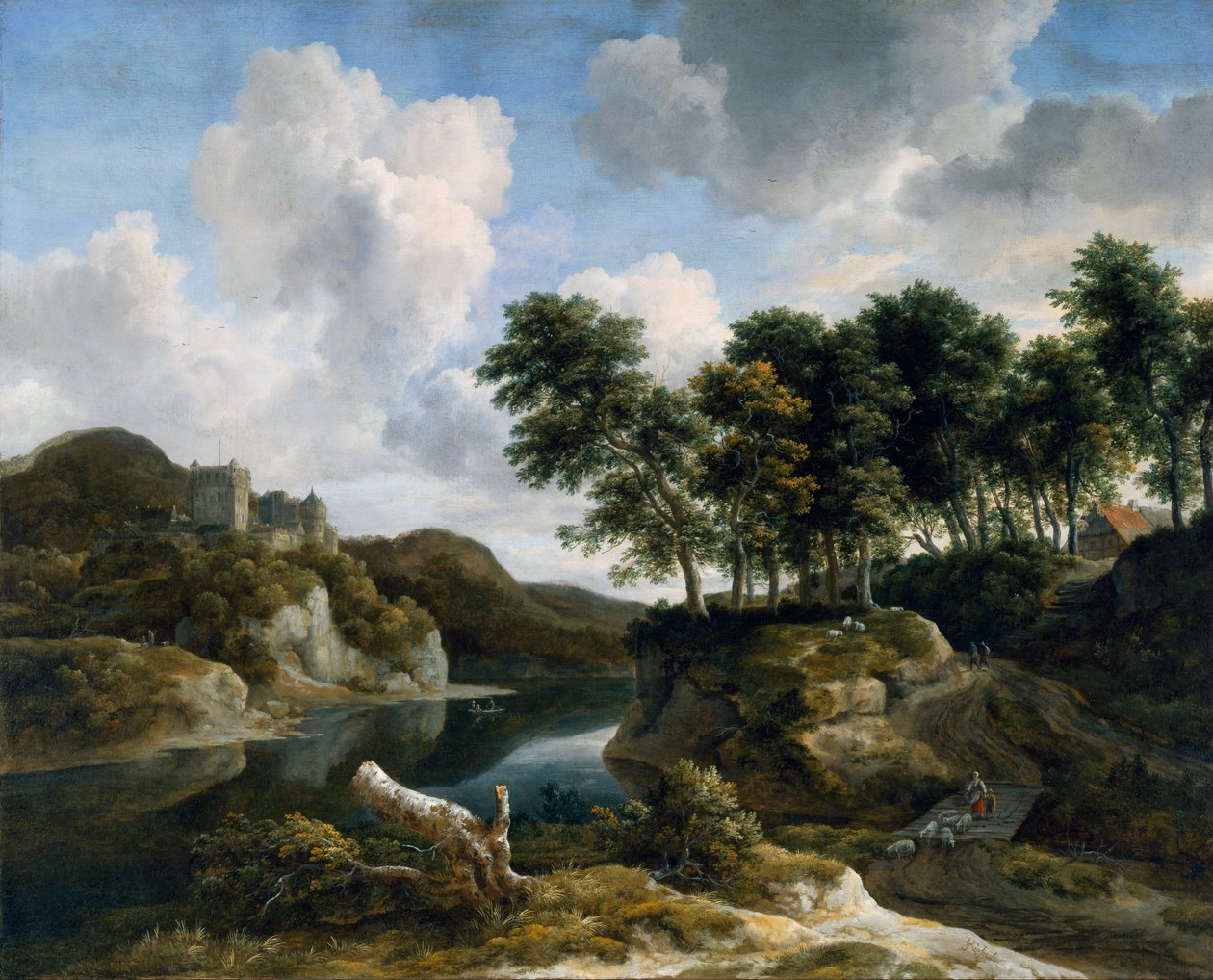 Flusslandschaft mit einer Burg auf einer hohen Klippe von Jacob van Ruisdael