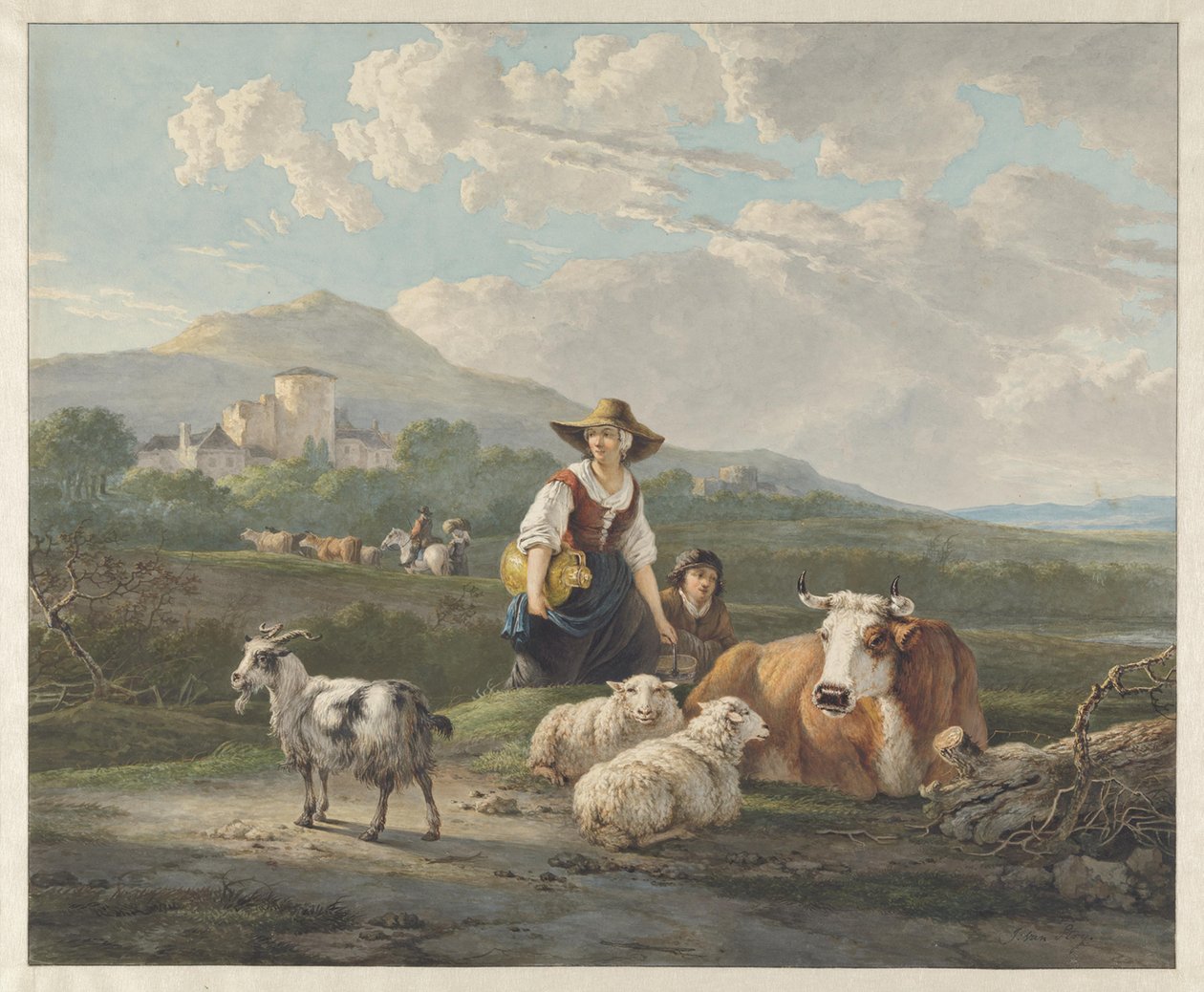 Eine Bäuerin und ein Junge bei Schafen und einer Kuh in einer Berglandschaft von Jacob van Strij