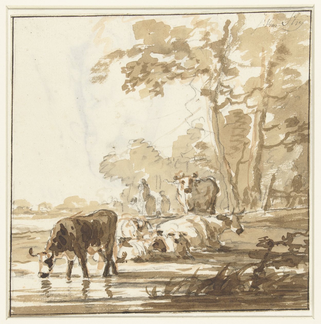 Ruhendes Vieh an einem Waldrand bei einem Teich von Jacob van Strij